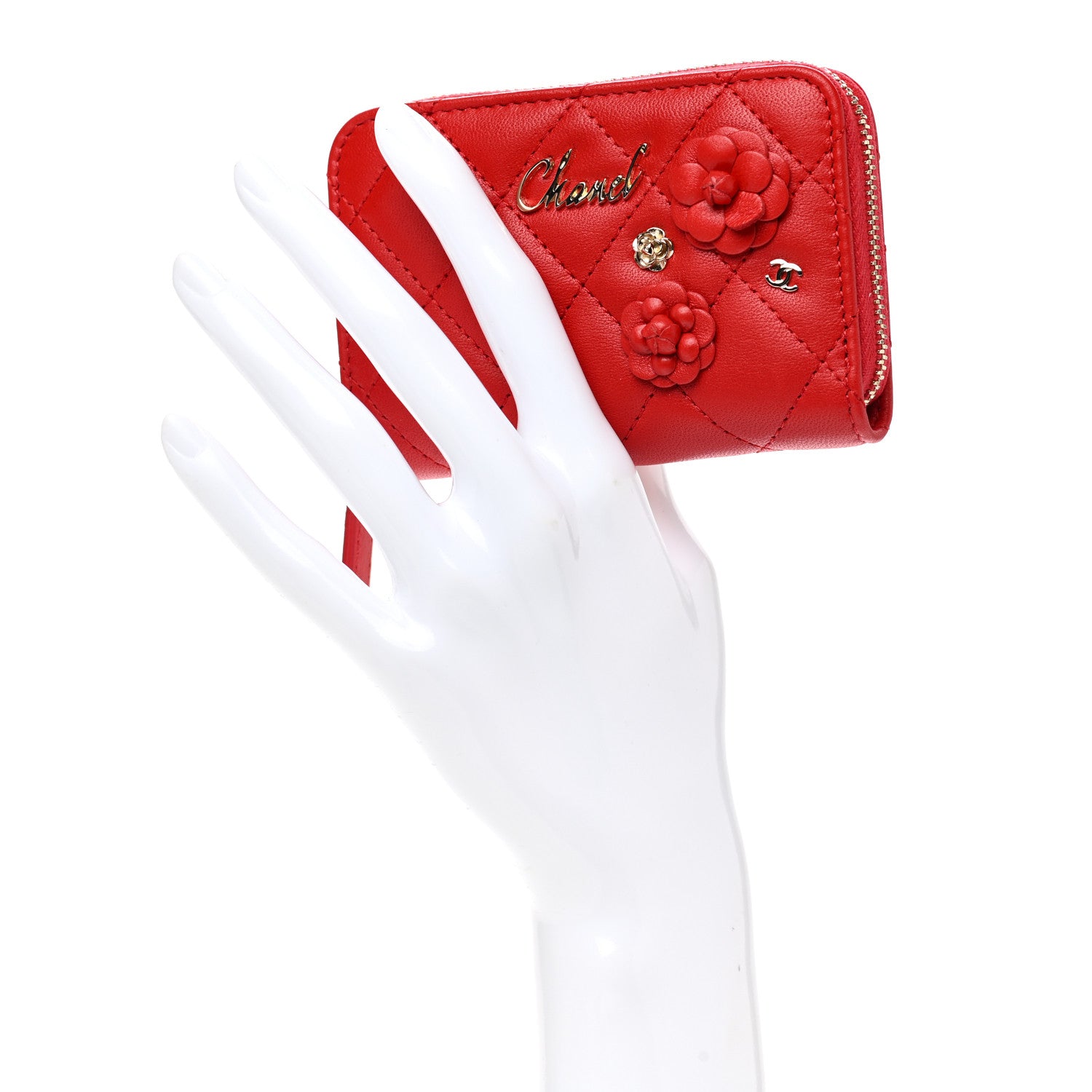 Chanel Lambskin Quilted Camellia Zip Coin Purse Red 2 of 8