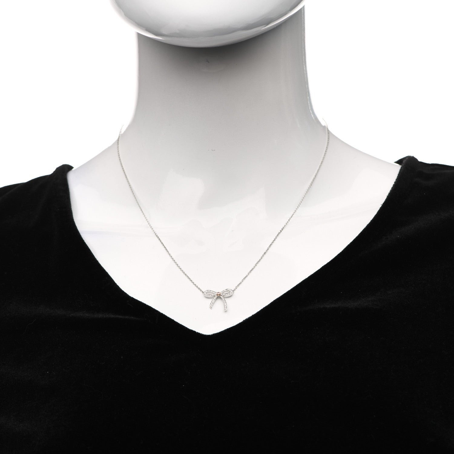 Tiffany Platinum 18K Rose Gold Pink Diamond Mini Bow Pendant Necklace 2 of 6