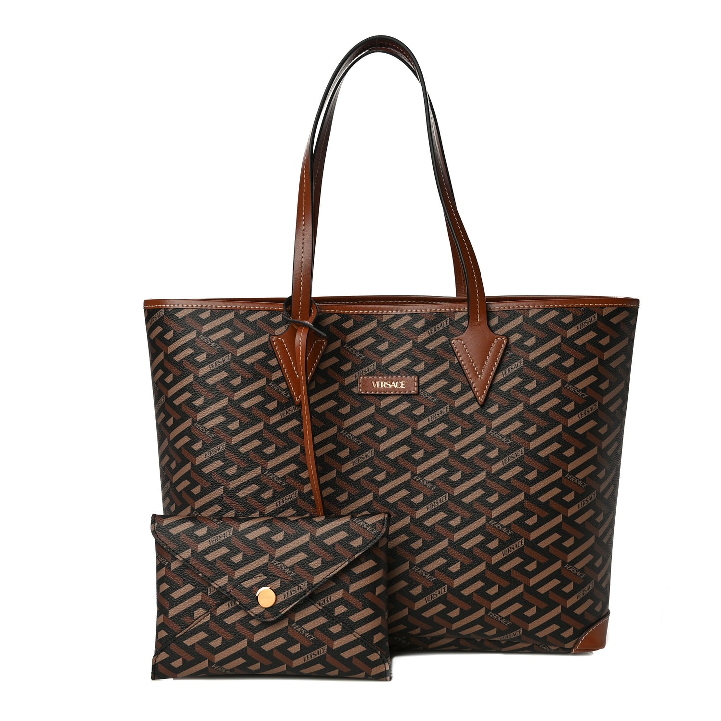 Coated Canvas Calfskin La Greca Signature Shopper Tote Bag Black Caramel
