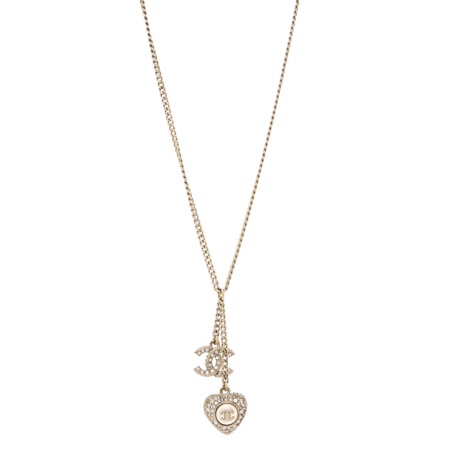Chanel Pearl Crystal CC Heart Necklace Gold Pearly White 1 of 7