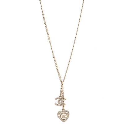 Chanel Pearl Crystal CC Heart Necklace Gold Pearly White 1 of 7