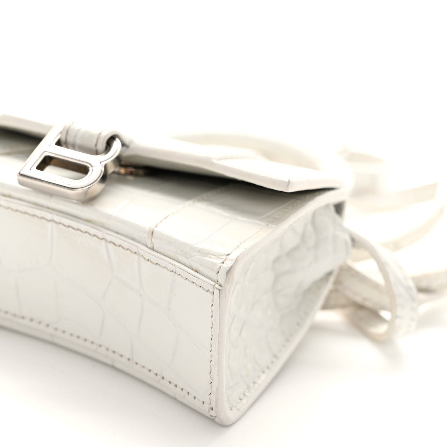 Shiny Calfskin Crocodile Embossed Hourglass Top Handle Bag XS White