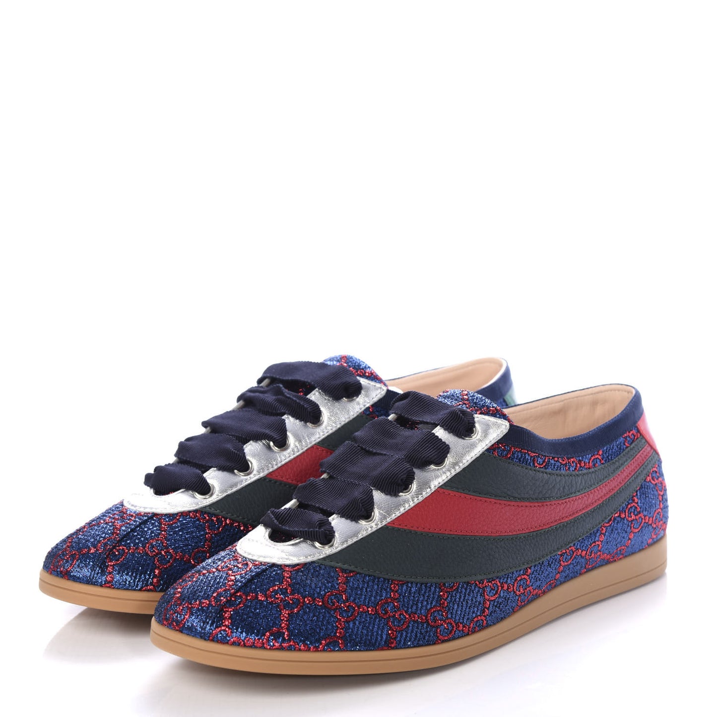 Lurex Calfskin Web GG Monogram Mens Falacer Sneakers 8.5 Iridescent Blue Iridescent Red Silver