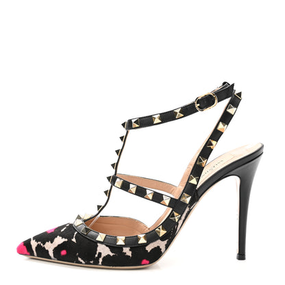 Valentino Garavani Calf Hair Leopard Print Rockstud Ankle Strap Pumps 40 Black Pink 1 of 13