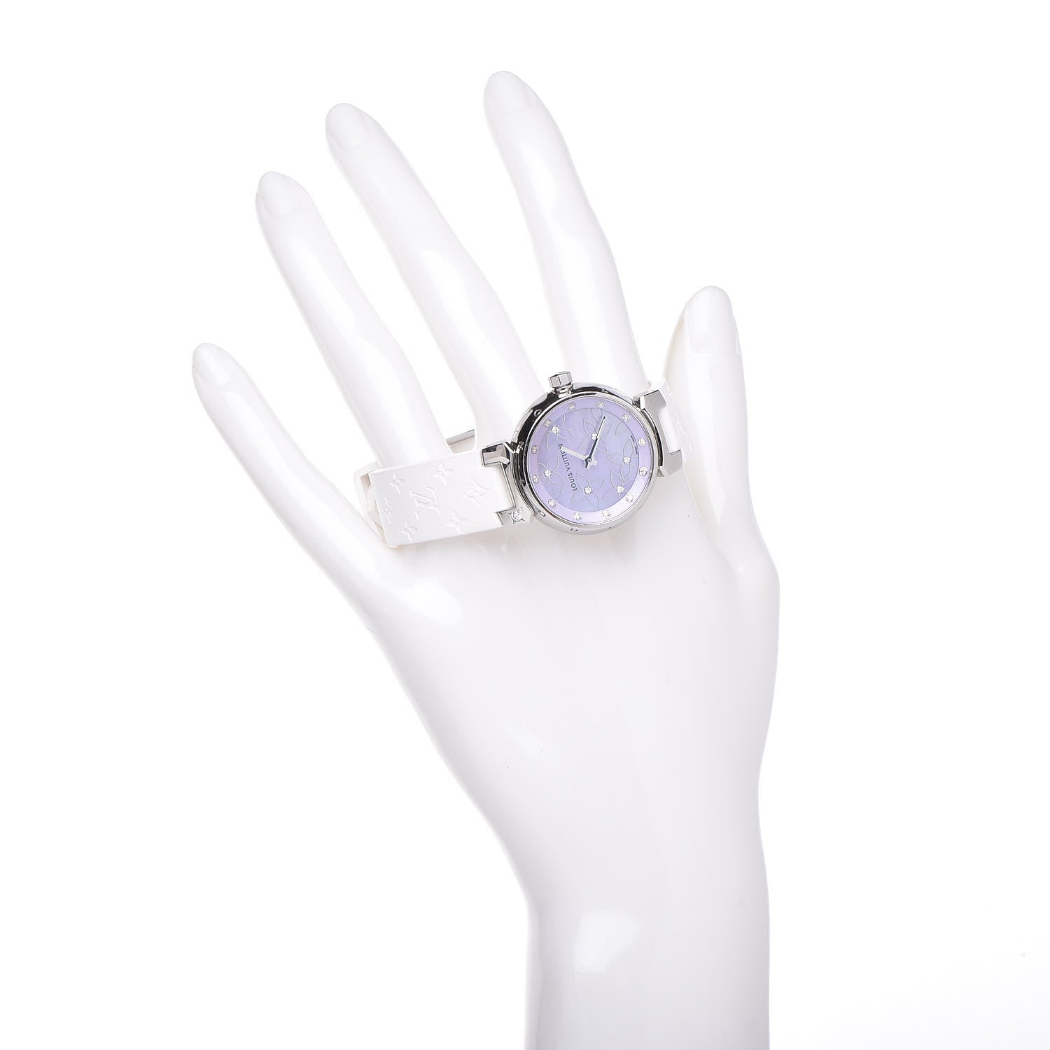 Louis Vuitton Stainless Steel Rubber Diamond Pink Mother of Pearl 28mm Tambour Quartz Watch 2 of 7