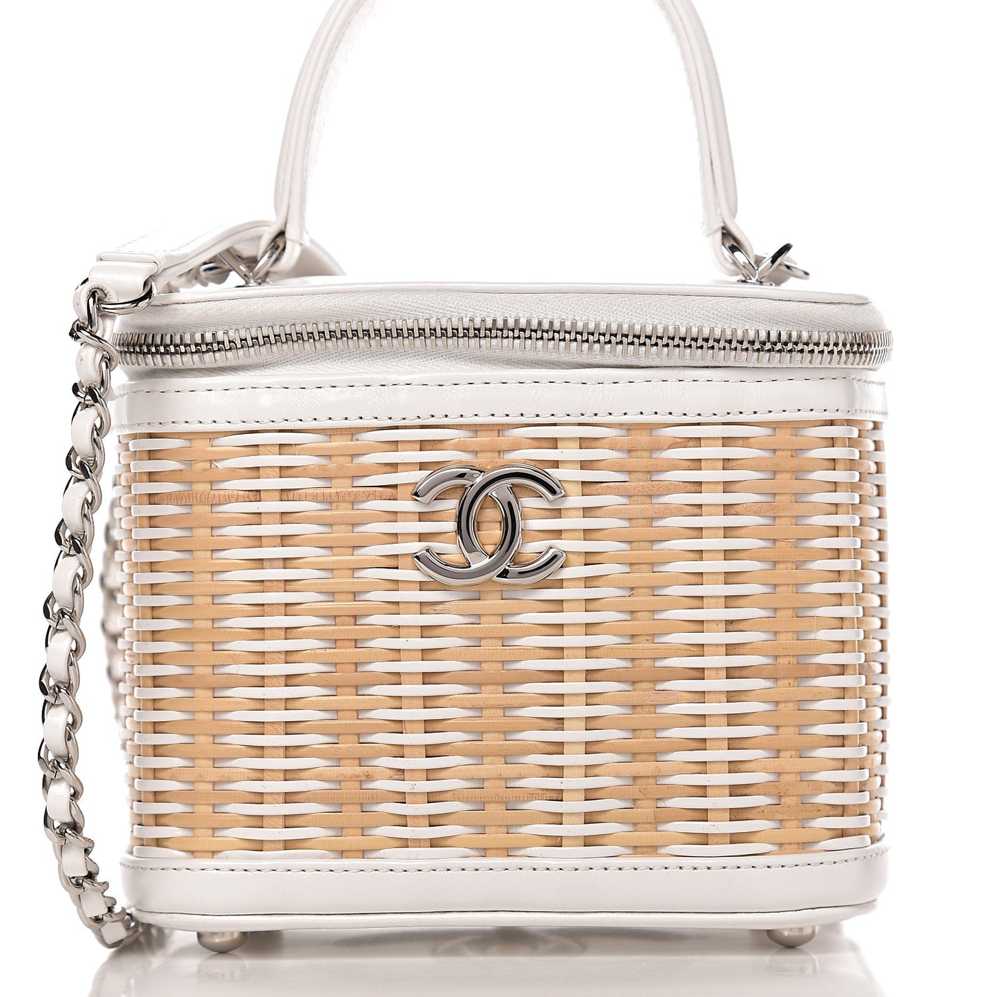 Calfskin Raffia Small Vanity Case Bag White Beige