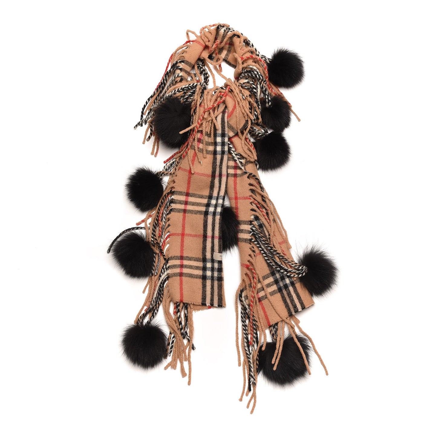 Cashmere Fox Fur Check Pom Pom Scarf