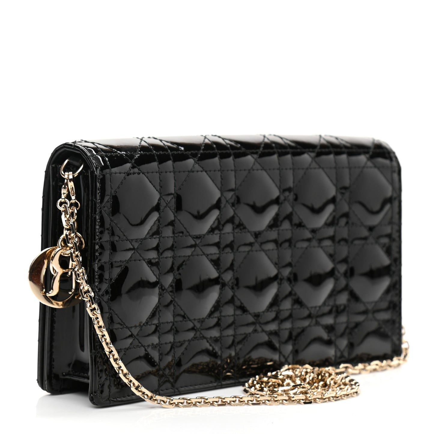 Patent Cannage Lady Dior Chain Wallet Black