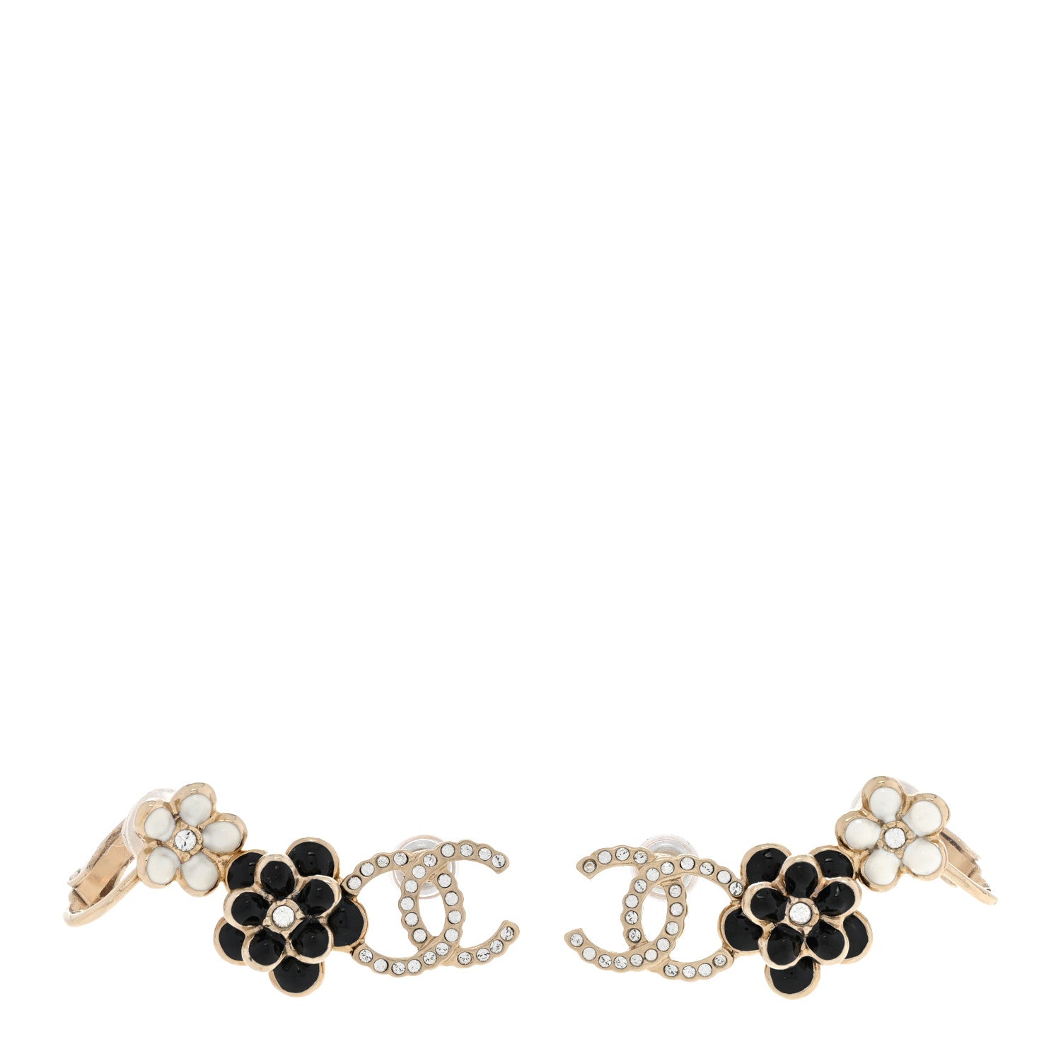 Chanel Crystal Enamel Flower CC Earrings Gold White Black 1 of 6