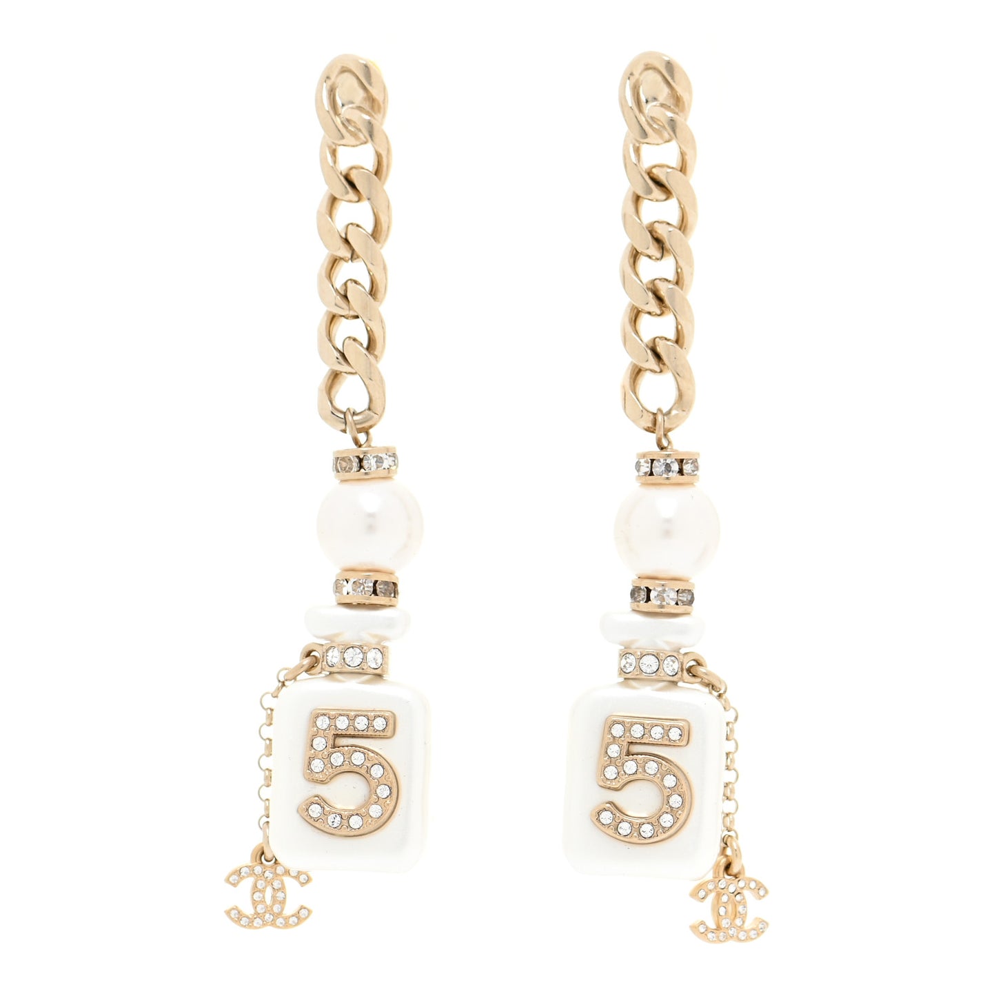 Pearl Resin Crystal CC No 5 Perfume Bottle Chain Drop Earrings Gold Pearly White