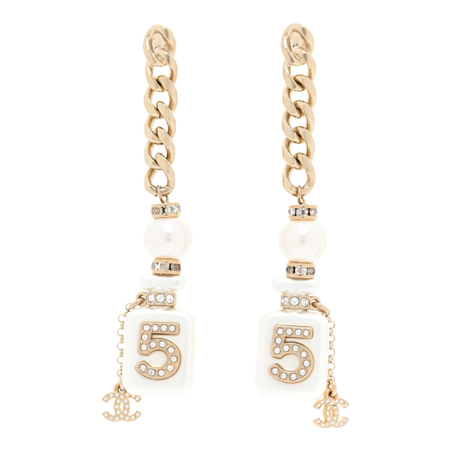 Chanel Pearl Resin Crystal CC No 5 Perfume Bottle Chain Drop Earrings Gold Pearly White 1 of 5