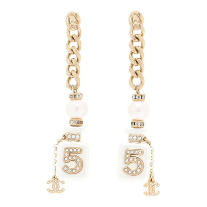 Chanel Pearl Resin Crystal CC No 5 Perfume Bottle Chain Drop Earrings Gold Pearly White 1 of 5