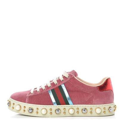 Gucci Velvet Ayers Web Faux Pearl Embellished Womens New Ace Sneakers 35.5 Tibet Red 1 of 11