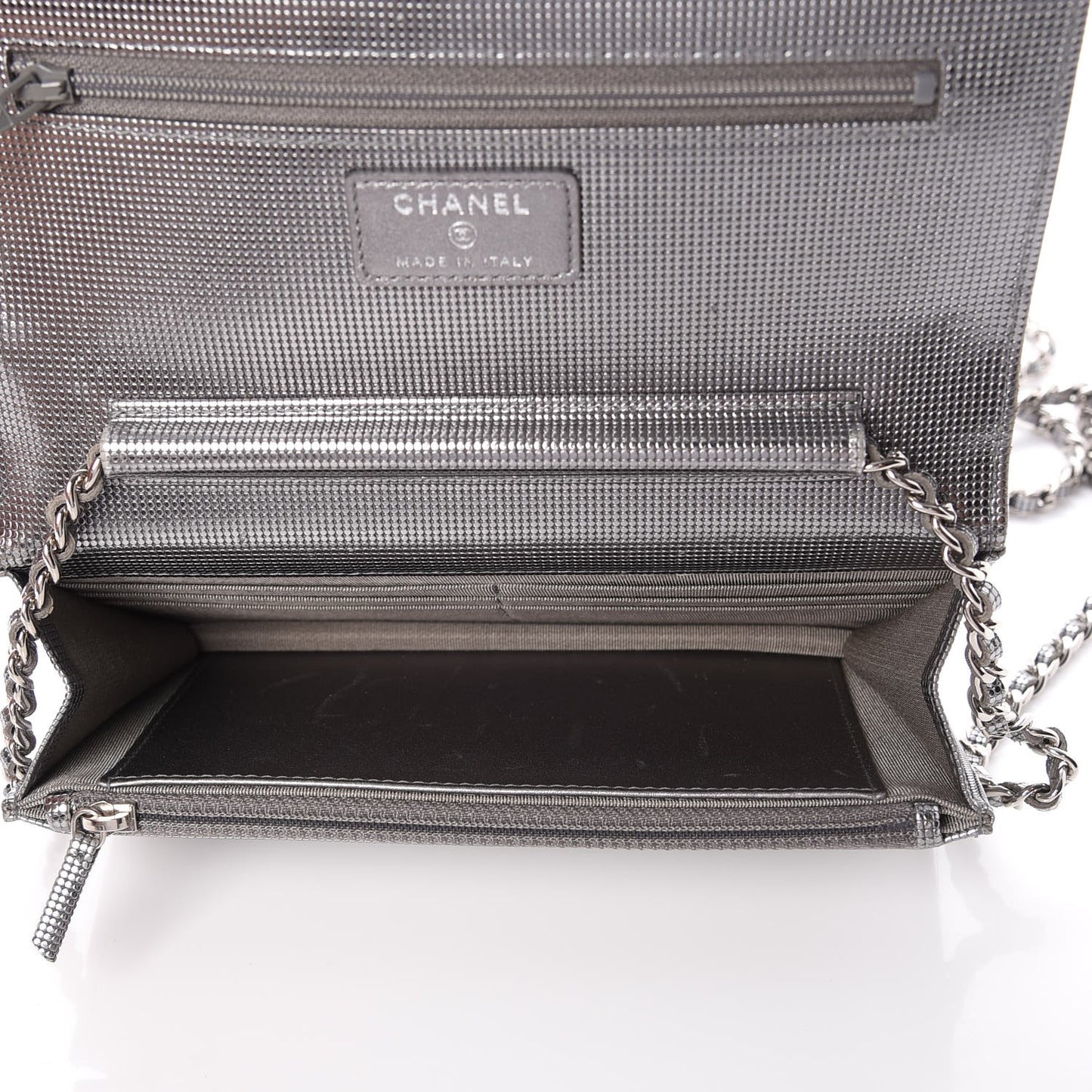 Metallic Calfskin Quilted Pixel Effect Wallet on Chain WOC Silver