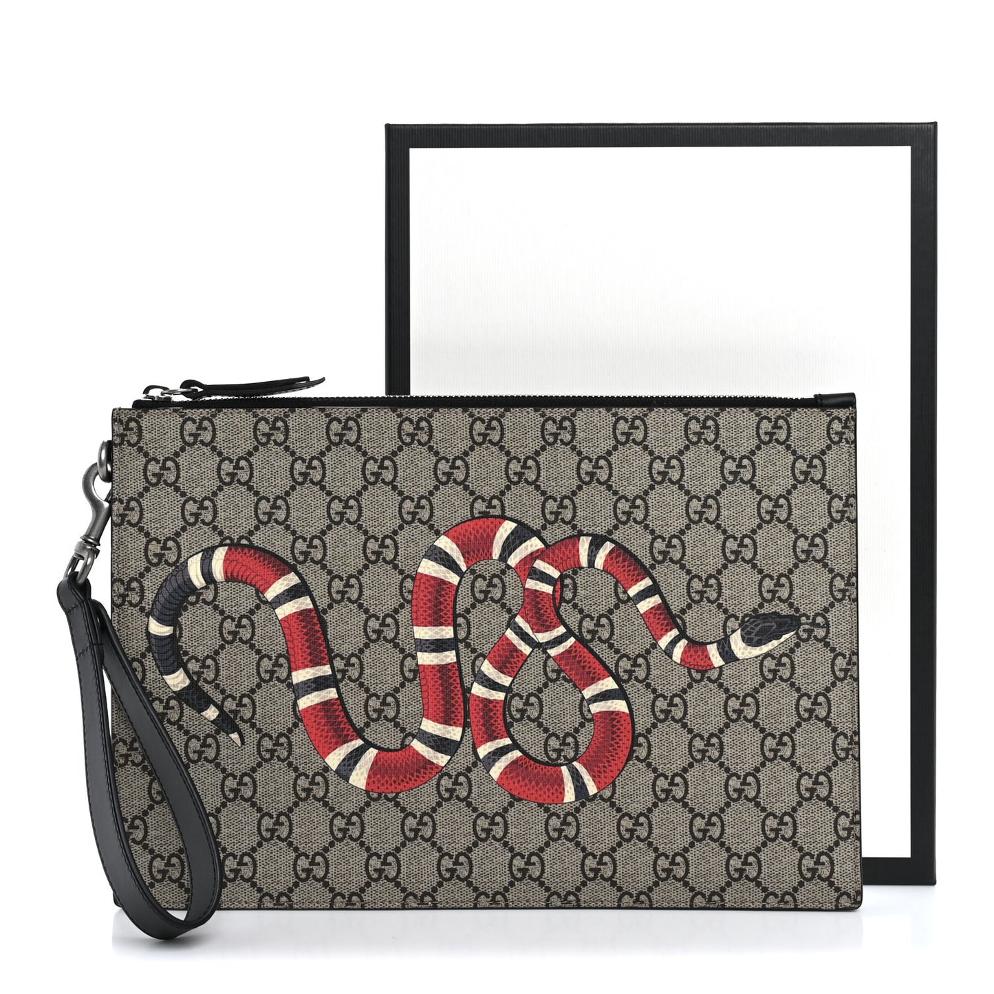 GG Supreme Monogram Kingsnake Zip Wristlet Pouch Beige Black