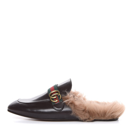 Gucci Goatskin Fur Web GG Mens Princetown Slippers 11 Cocoa 1 of 8