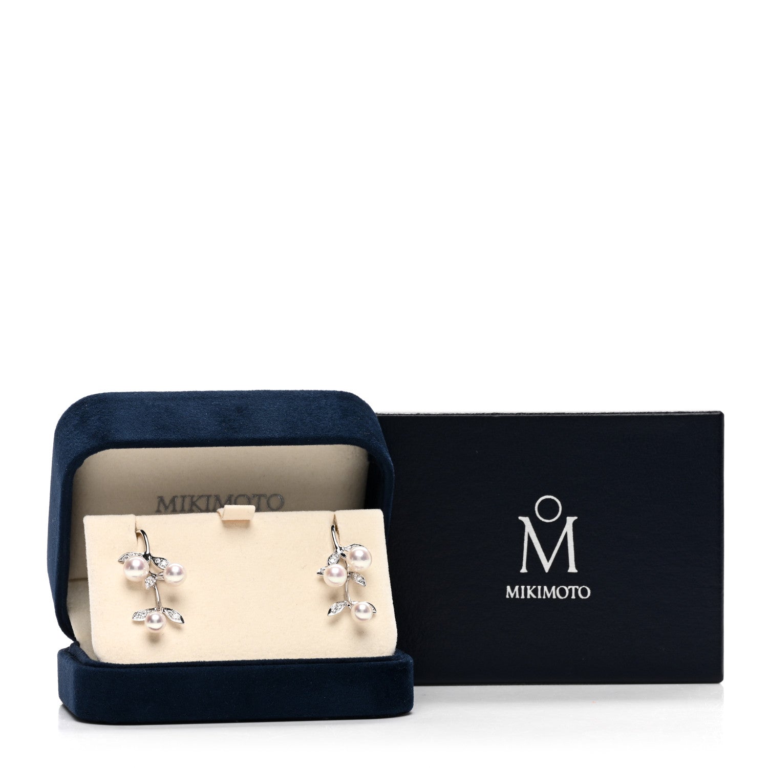 Mikimoto 18K White Gold Diamond Akoya Pearl Olive Branch Earrings 5 of 5