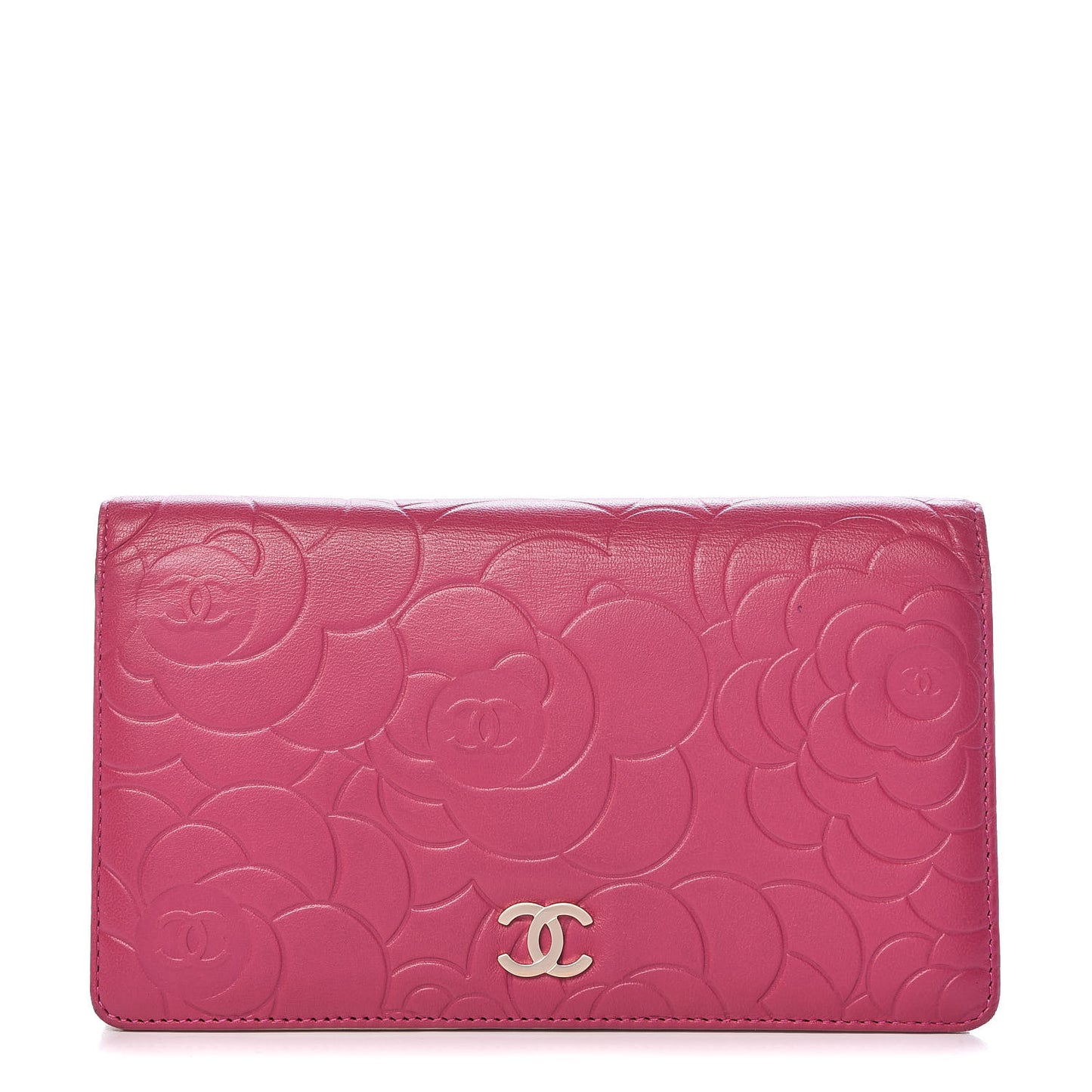 Lambskin Camellia Embossed Yen Wallet Fuchsia