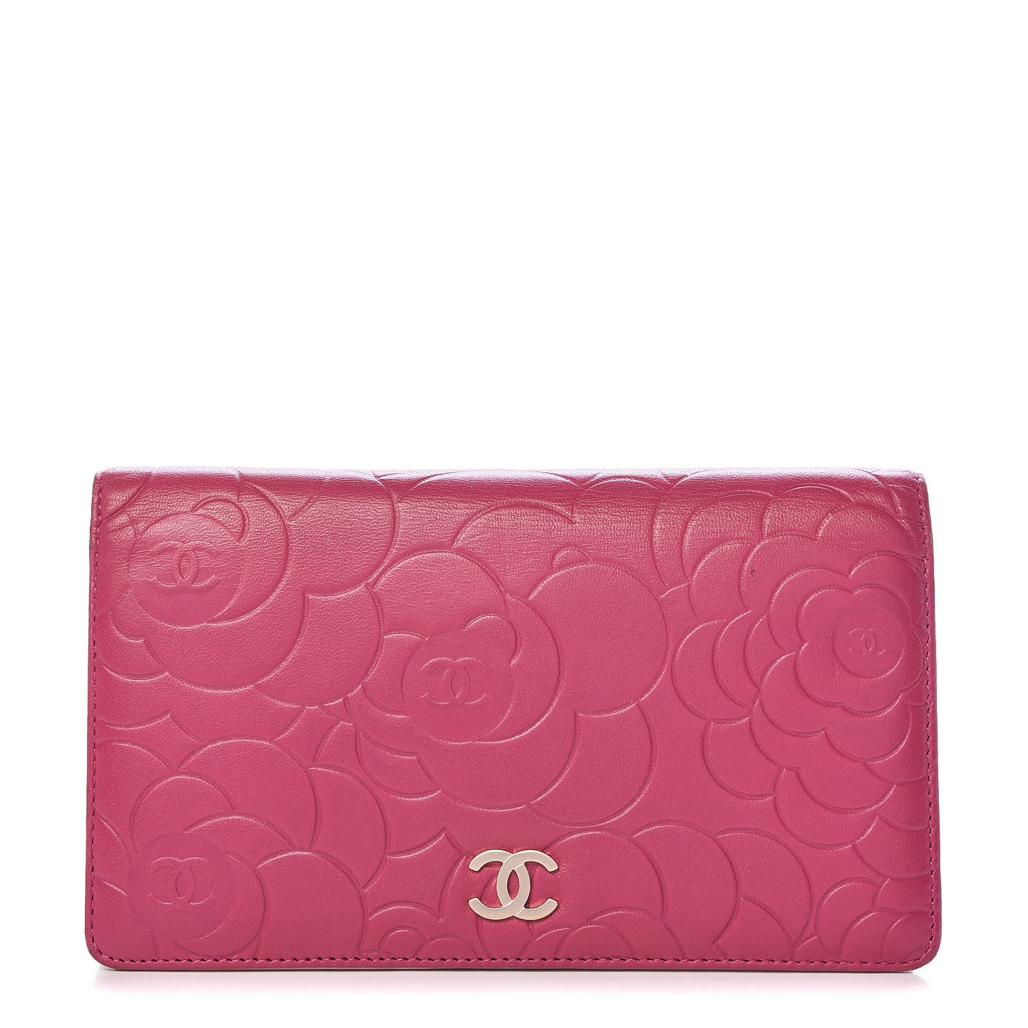 Chanel Lambskin Camellia Embossed Yen Wallet Fuchsia 1 of 10