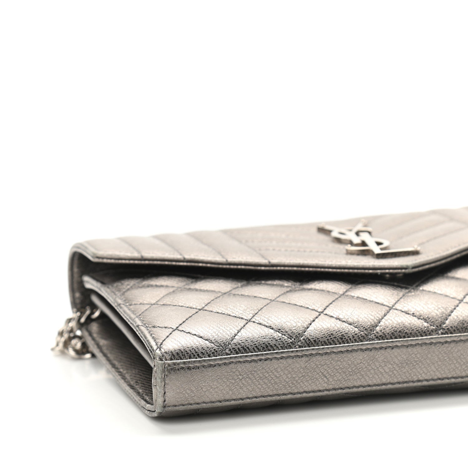 Saint Laurent Metallic Calfskin Mixed Matelasse Triquilt Monogram Chain Wallet Piombo 9 of 11