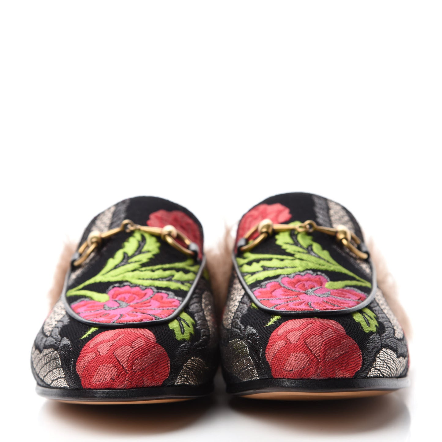 Brocade Fur Floral Womens Princetown Slippers 35.5 Black Anthracite