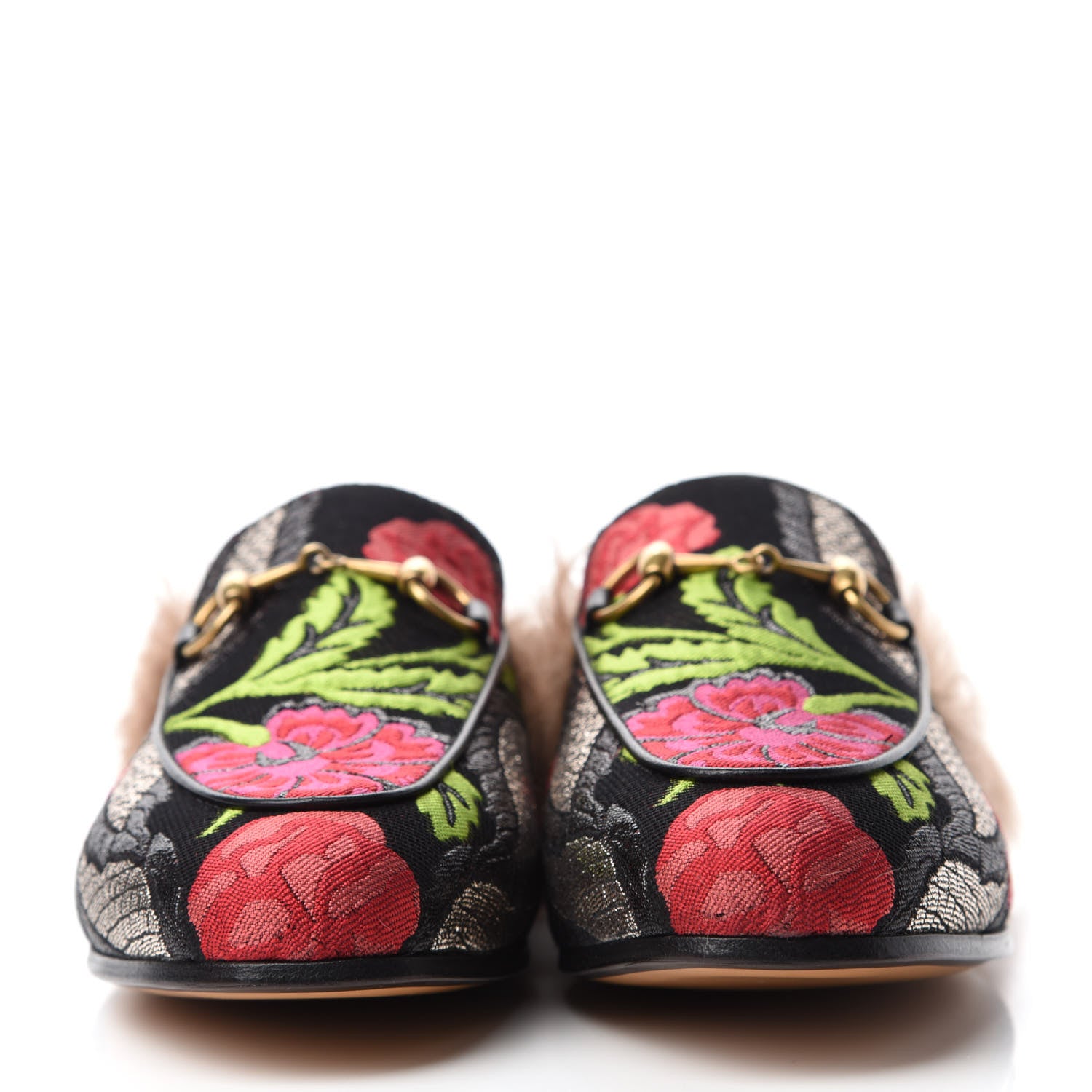 Gucci Brocade Fur Floral Womens Princetown Slippers 35.5 Black Anthracite 2 of 8