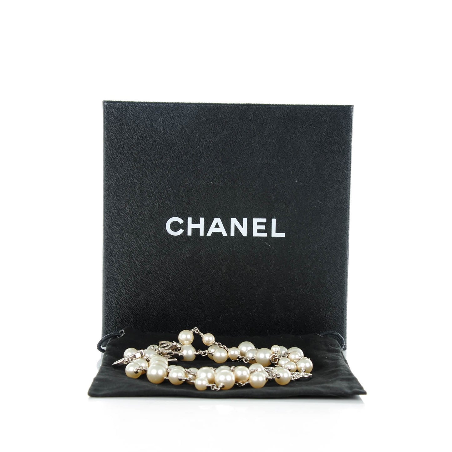 Crystal Pearl CC Long Necklace Silver