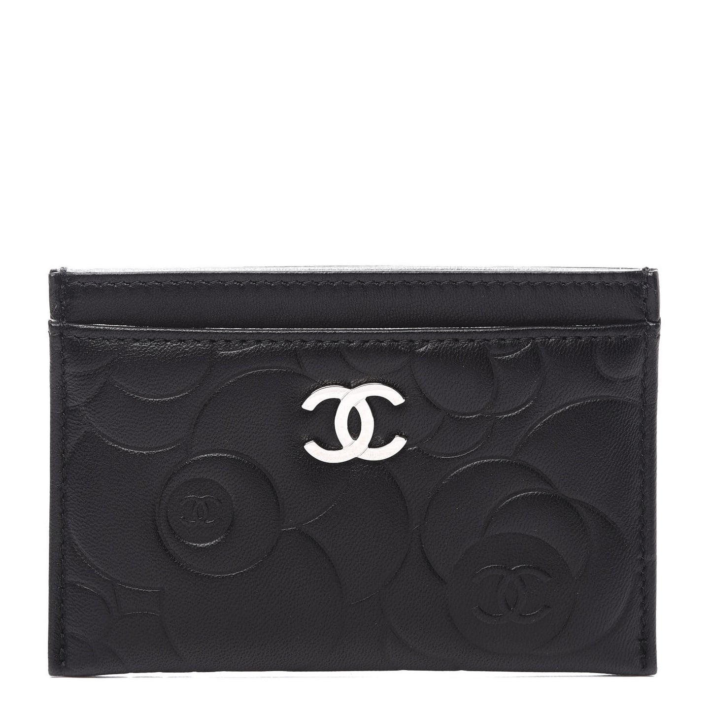 Lambskin Camellia Embossed Card Holder Black