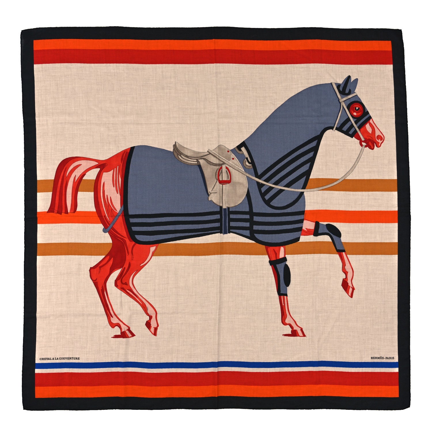 Hermes Cashmere Silk Cheval A La Couverture Shawl 140 Naturel Rouge Brique 2 of 6