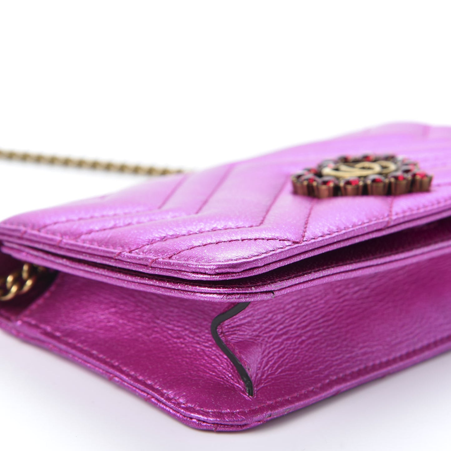 Metallic Calfskin Matelasse Crystal GG Marmont Mini Bag Fuchsia