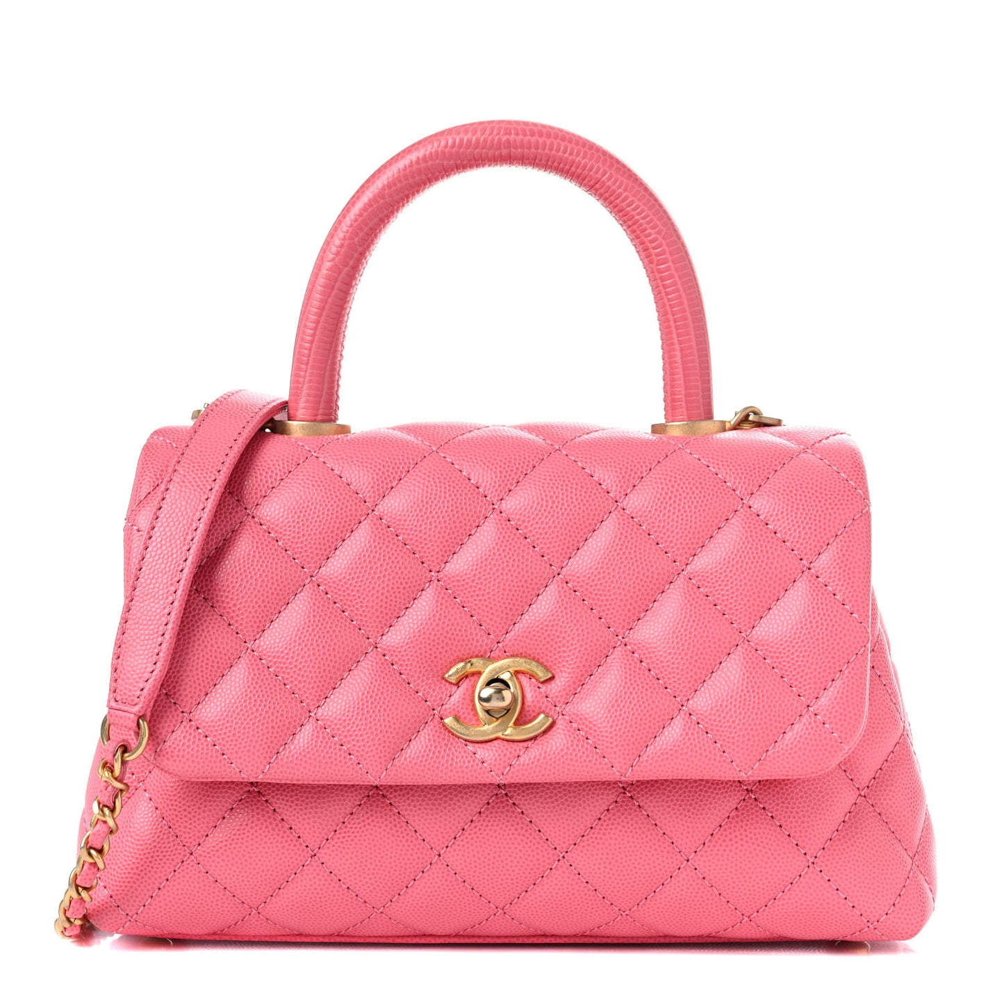 Caviar Lizard Embossed Quilted Mini Coco Handle Flap Pink