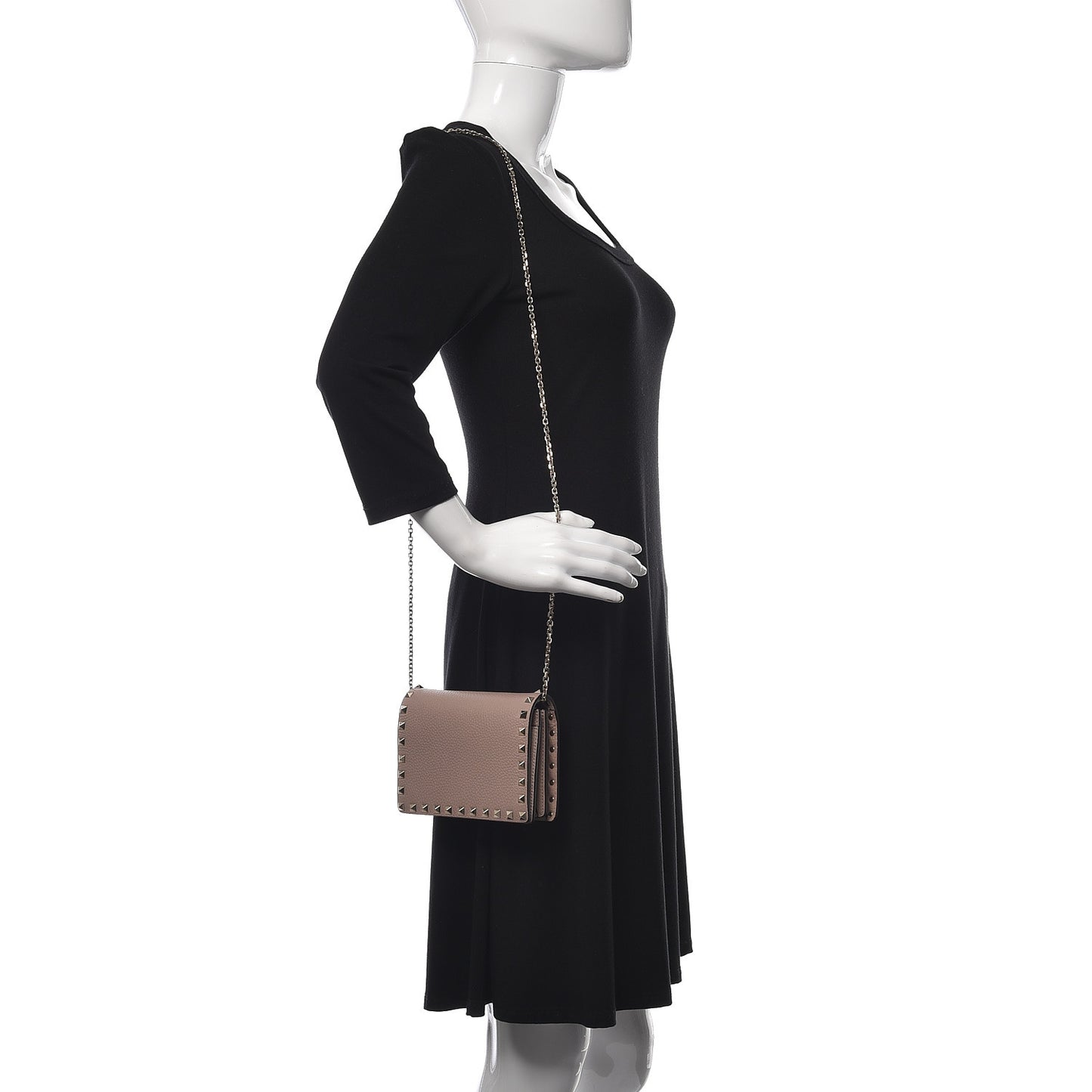 Pebbled Calfskin Rockstud Wallet on Chain Camel Rose
