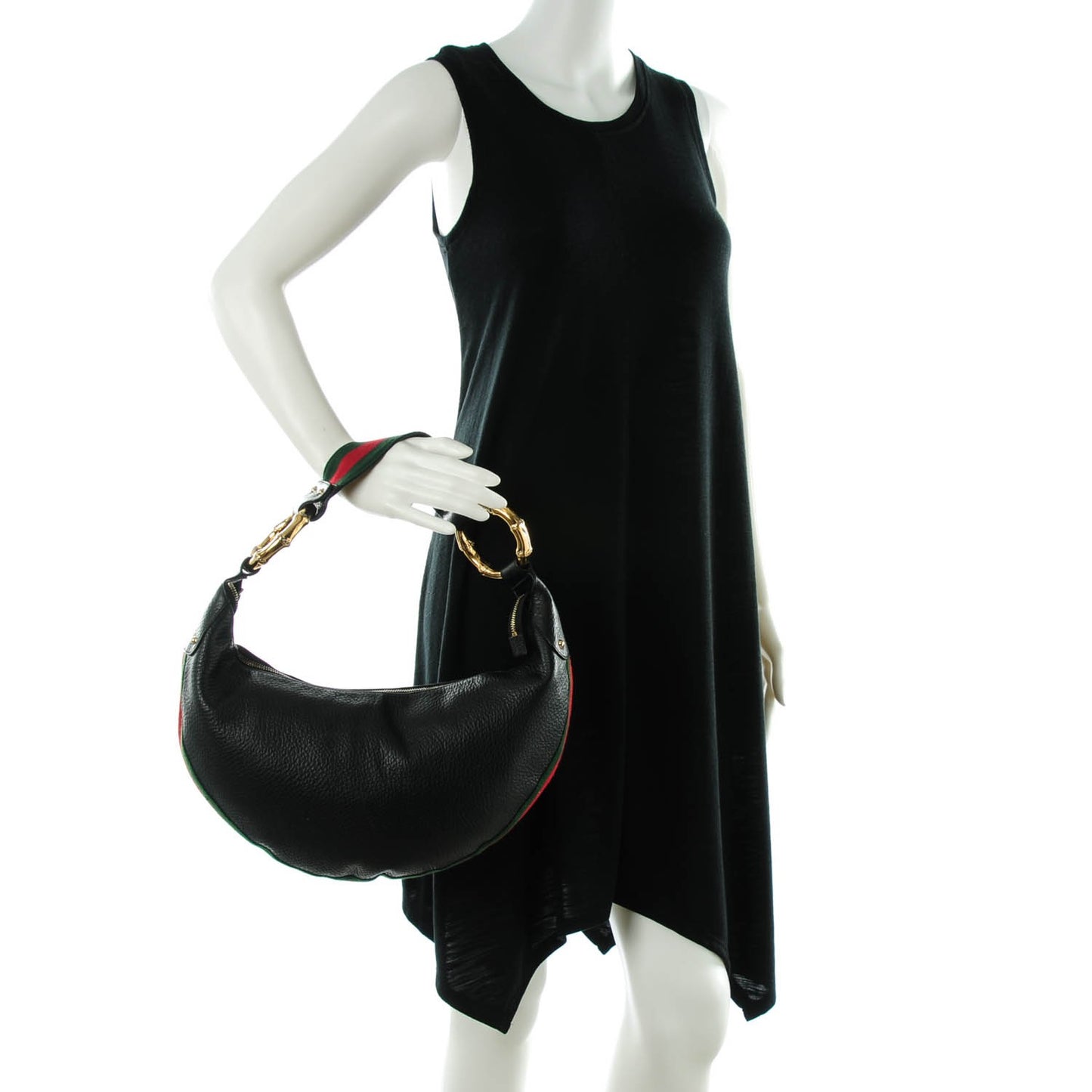 Pebbled Calfskin Web Bamboo Ring Hobo Black