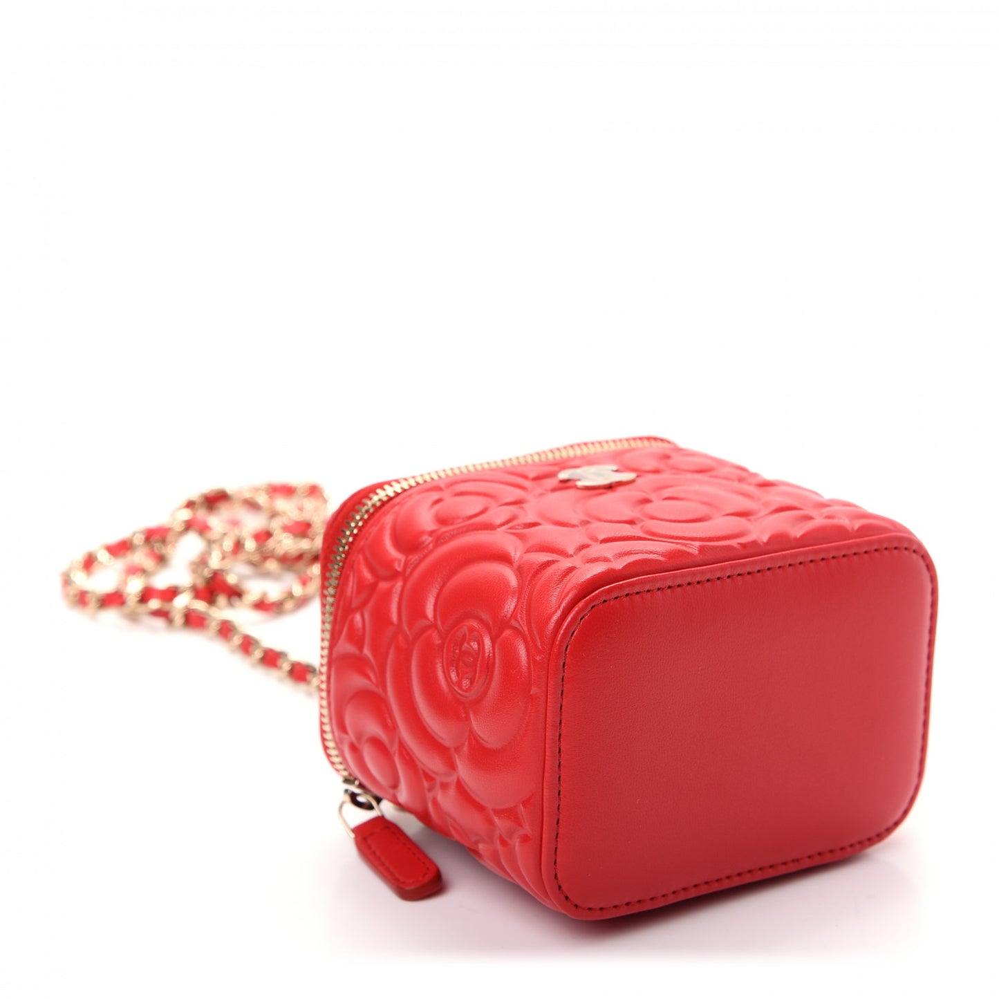 Lambskin Camellia Embossed Mini Vanity Case With Chain Red
