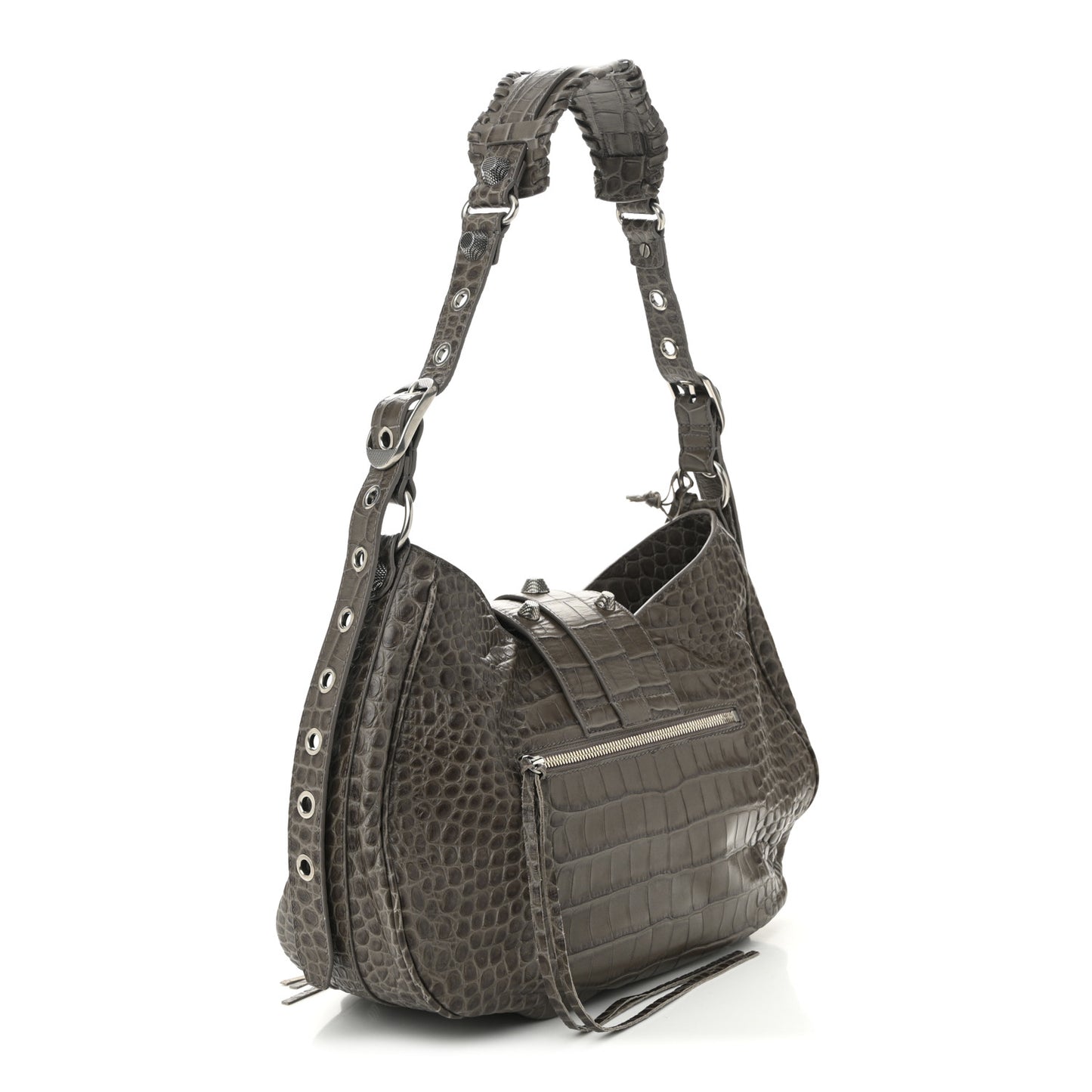 Extra Supple Calfskin Crocodile Embossed Medium Le Cagole Shoulder Bag Medium Grey