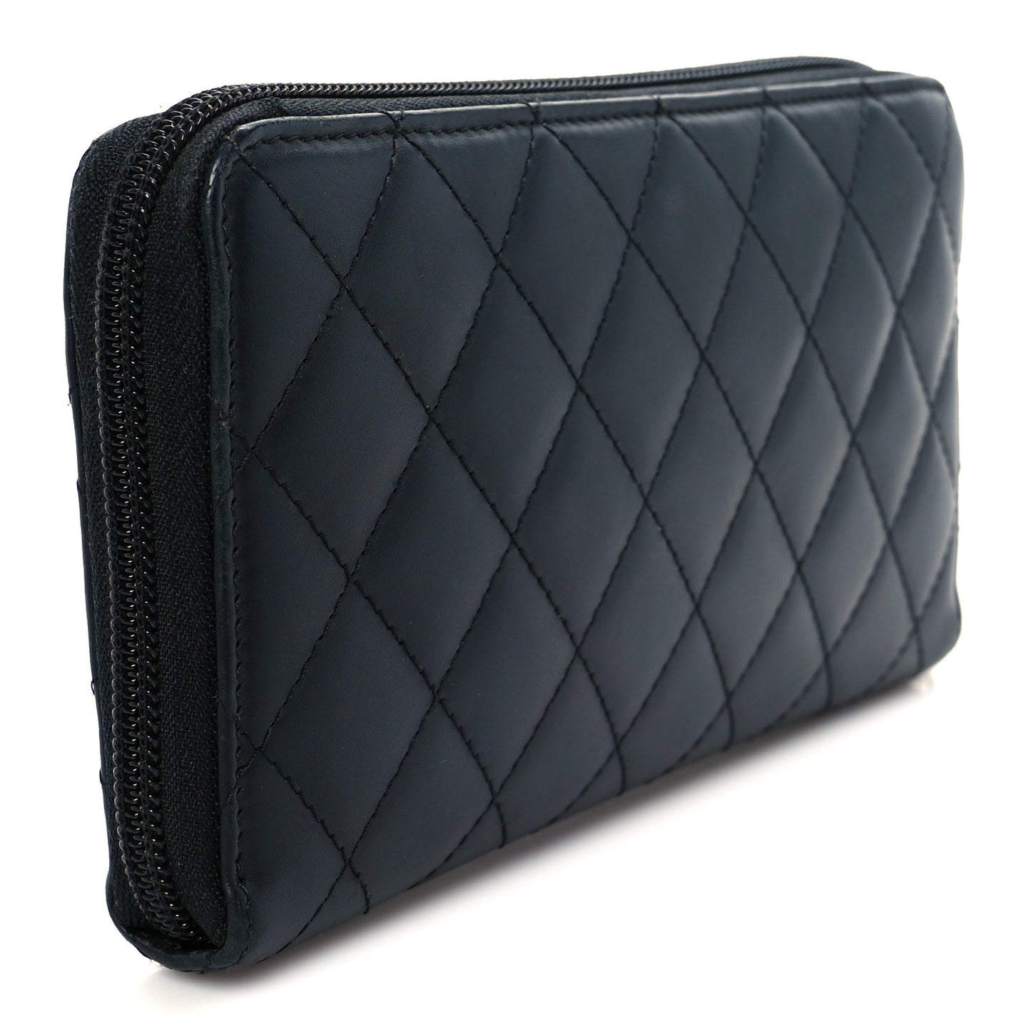 Calfskin Quilted Cambon Large Gusset Zip Around Wallet Black