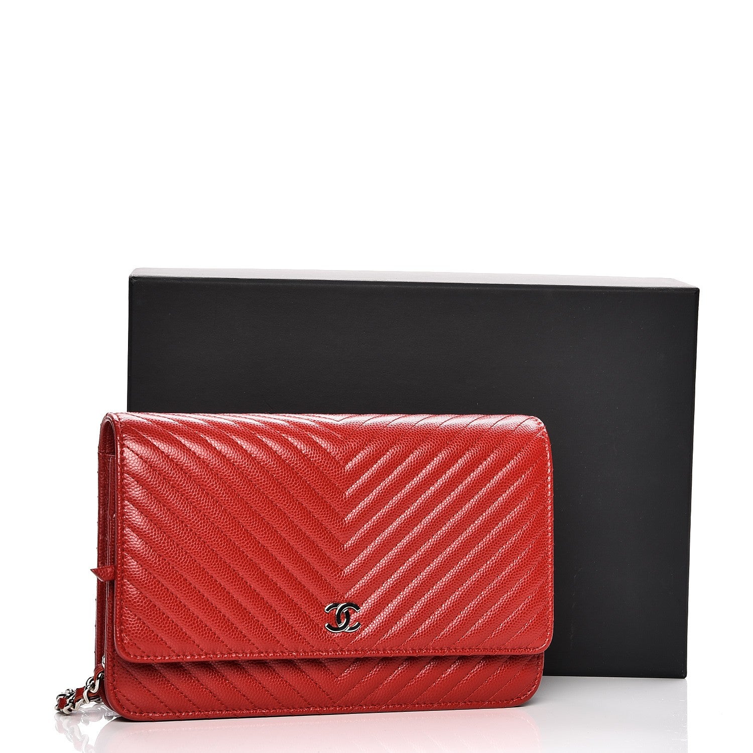 Chanel Caviar Chevron Quilted Wallet On Chain WOC Red 9 of 9