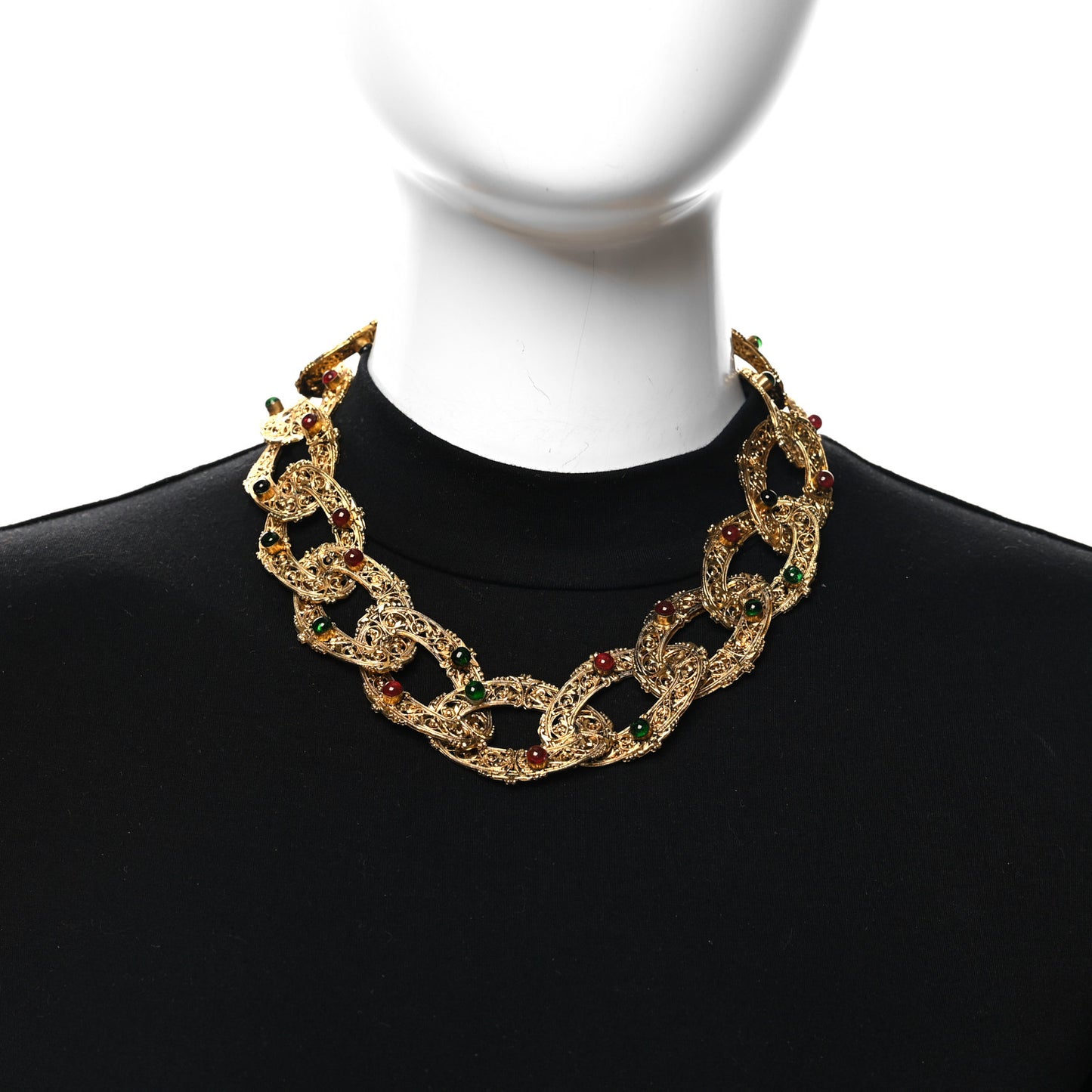 Metal Gripoix Filigree Chain Link Necklace Red Green Gold