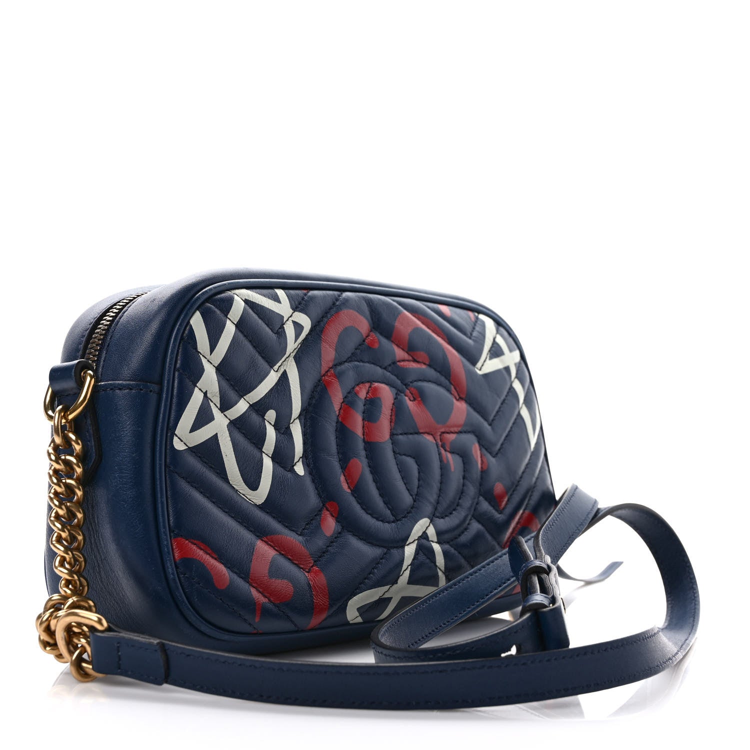 Gucci Calfskin Matelasse GucciGhost Small GG Marmont Chain Shoulder Bag Blue Agata Hibiscus Red 3 of 13