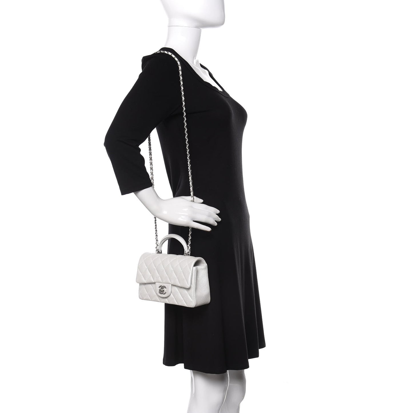 Iridescent Caviar Quilted Mini Top Handle Rectangular Flap White