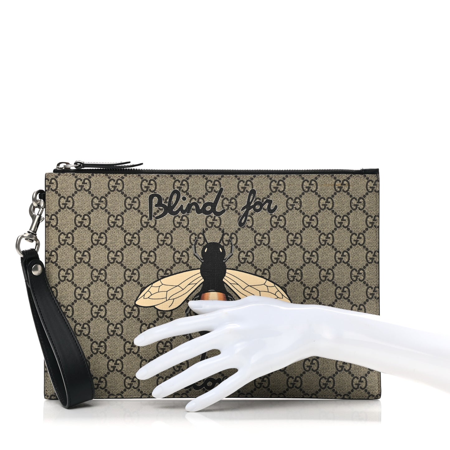 GG Supreme Monogram Blind For Love Wristlet Pouch Black