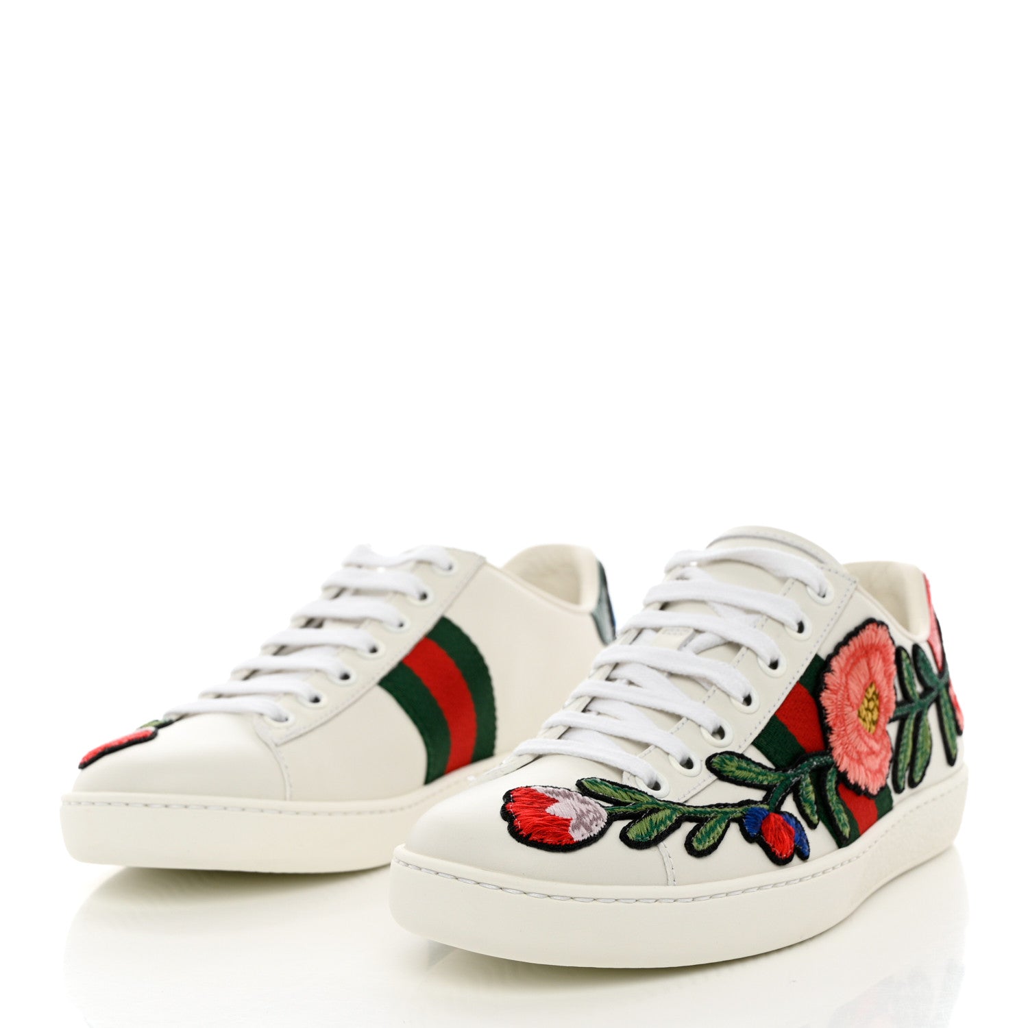 Gucci Calfskin Web Floral Embroidered Womens Ace Sneakers 35 White 3 of 9