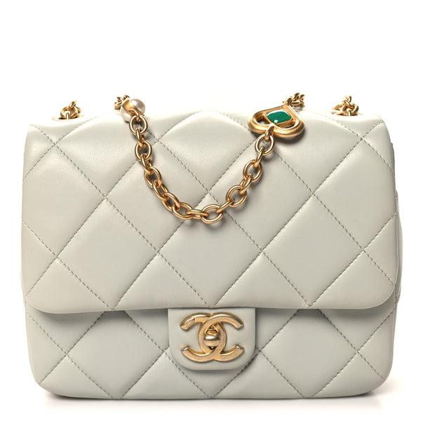 Chanel Lambskin Enamel Pearl Quilted Mini Charm Me Square Flap