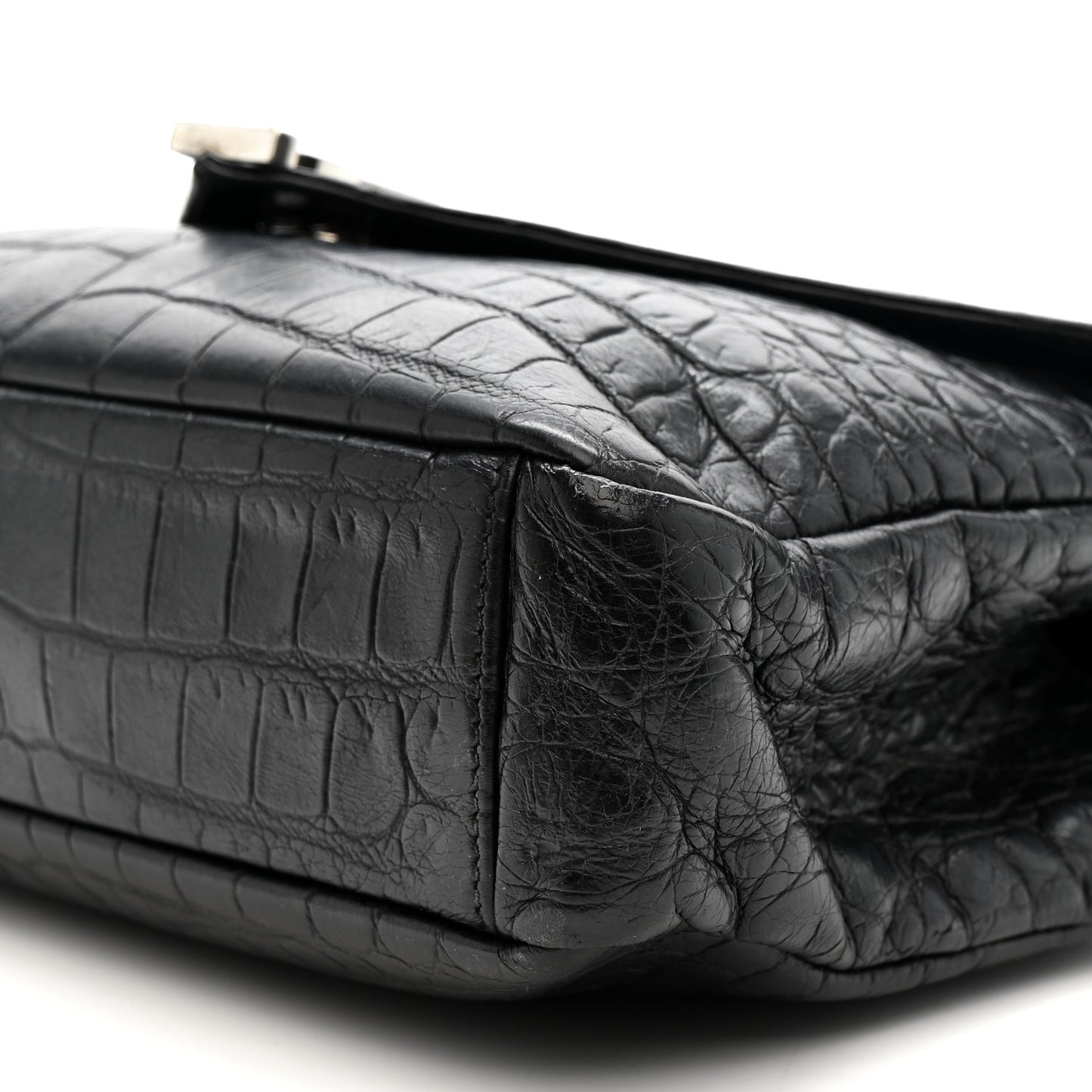 Calfskin Crocodile Embossed Medium College Monogram Satchel Black