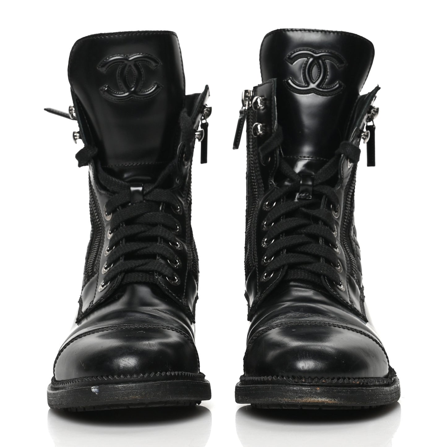 Calfskin Quilted Lace Up Combat Boots 38.5 Black