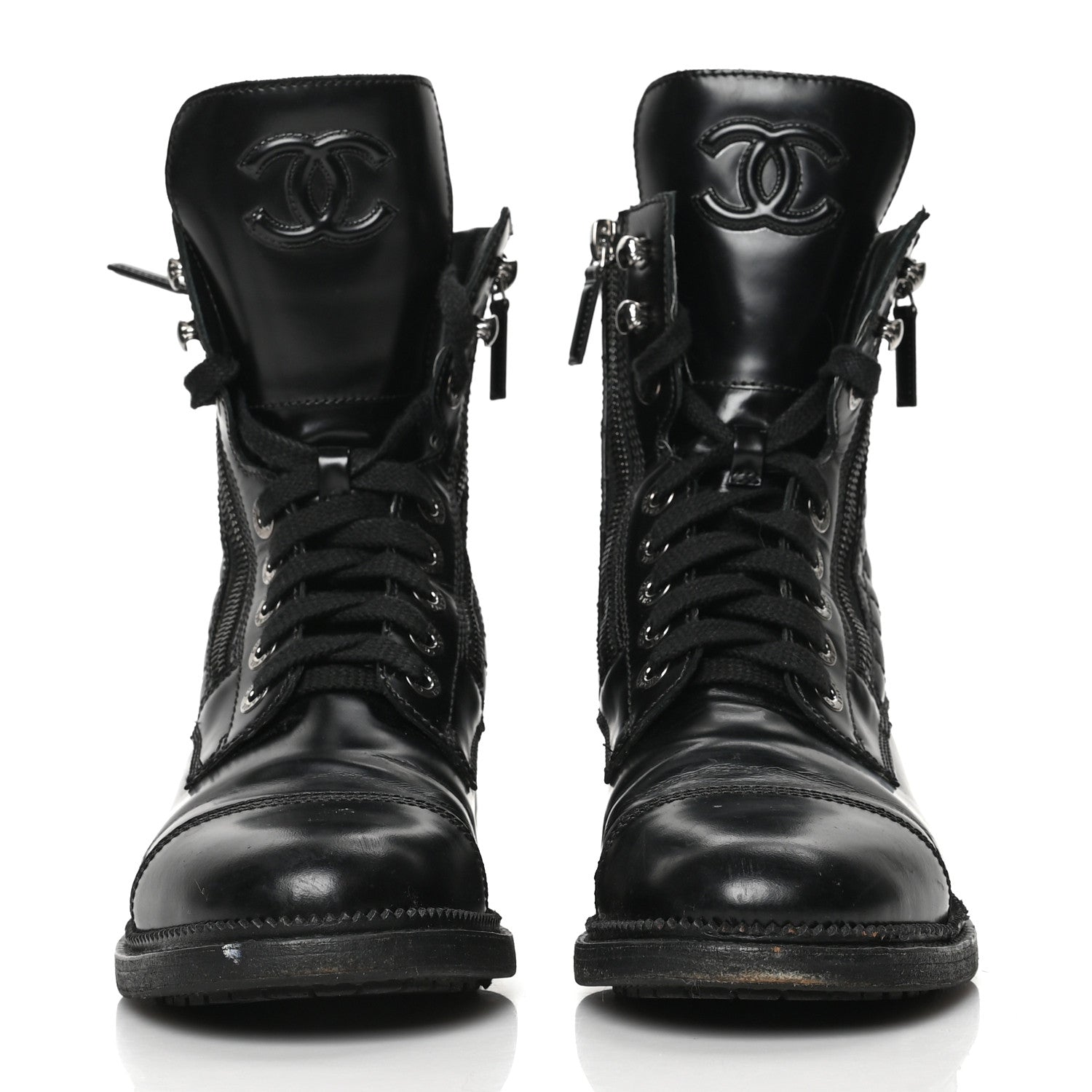 Chanel Calfskin Quilted Lace Up Combat Boots 38.5 Black 2 of 11