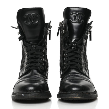 Chanel Calfskin Quilted Lace Up Combat Boots 38.5 Black 2 of 11