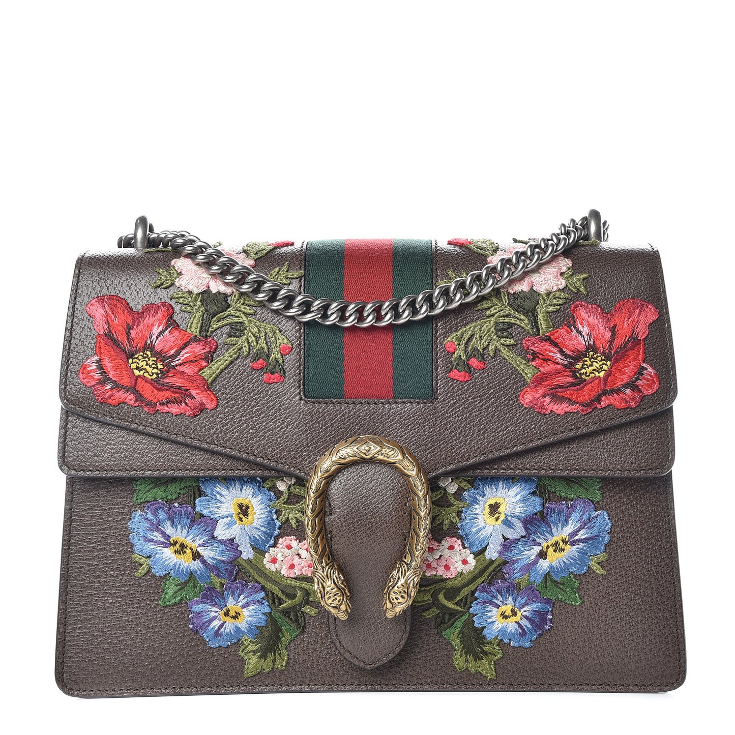 Calfskin Web Floral Embroidered Medium Dionysus Shoulder Bag New Acero