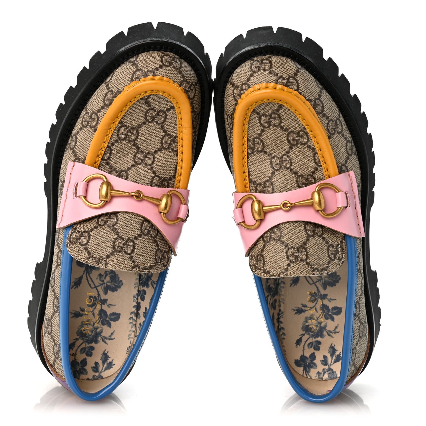 GG Supreme Monogram Cordovan Lux Womens Harald Horsebit 25mm Platform Loafers 37 Beige Sugar Pink Crop Shine Purple Marine