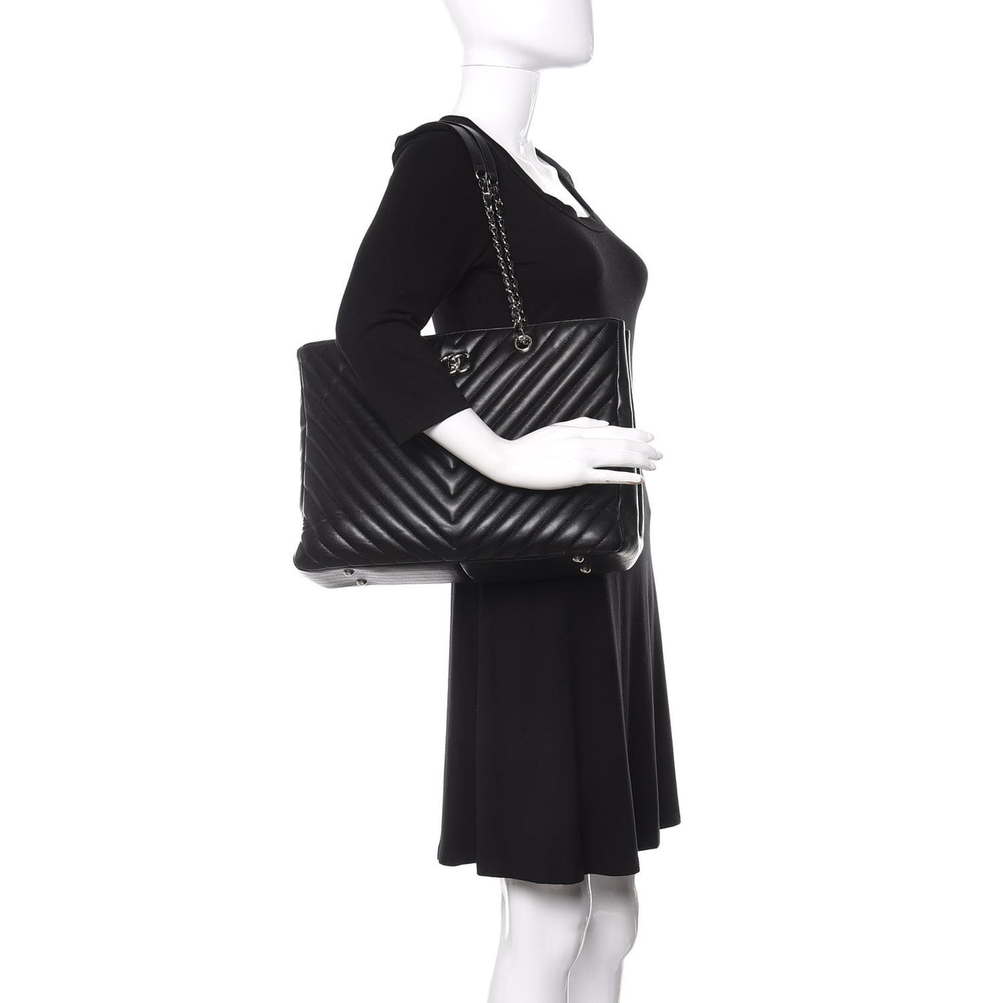 Caviar Chevron Quilted Large Shopping Tote Black